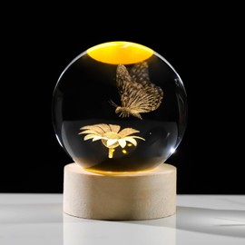 Arikyrist 3D Crystal Butterfly Figurines with Wooden Base, 3D Butterfly Crystal Ball Night Light Collection Gifts, Home Decor
