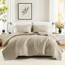 Comfort Spaces King Quilt Set Modern Reversible Plaid Coverlet King Bedding Set Cozy Quilted Winter Layer, All Season Lightweight Soft King Size Quilt, Kienna, King Beige 3 Piece