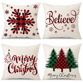 Coeufuedy Christmas Pillow Covers 18x18 Set of 4 Farmhouse Pillow Covers Holiday Rustic Linen Pillow Case Christmas Decor Pillowcase for Sofa Couch Bed and Car