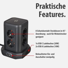 Brennenstuhl Brennenstuhl Steckdosenturm 8-Fach mit USB (Steckdosenblock 8-Fach mit 2X USB A & 1x USB C Power Delivery zum Schnellladen, Steckdosen in 45??-Anordnung, 2m Kabel) schwarz