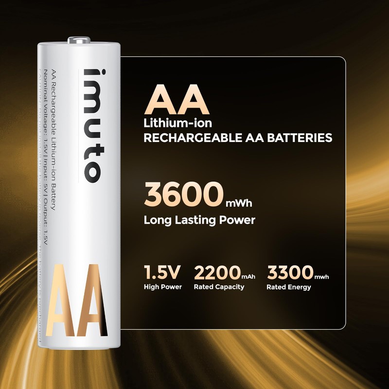 imuto Rechargeable aa Batteries, 3600mWh aa Lithium Batteries 8 Pack,