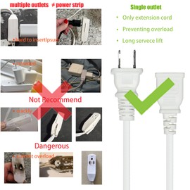 Jplenty 15FT White Thin Extension Cord 2 Prong Extension Cord for Indoor Use Outdoor Use with Single Outlet - Ideal for Holiday Lights, Lamps, Cameras, Appliance (1 Pack)