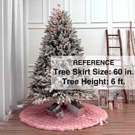 60-Inch Puff Quilt Faux Fur Christmas Tree Skirt, Soft Plush Tufted Texture with Satin Ribbon Ties, Baby Pink