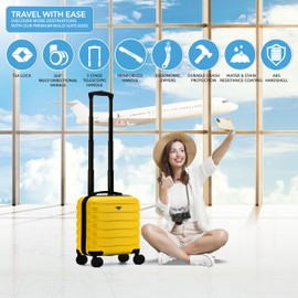 Flight Knight Carry On Suitcase 18x14x8 Hardside Built In TSA Lock & USB Port Lightweight Luggage Silent Double Spinner Wheels Maximum Underseat Carry-On Bag For American & United Approved Airlines