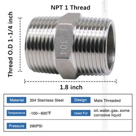 Horiznext npt 1 stainless steel hex pipe fitting, 1-1/4 inch O.D. male thread cast adapter connects gas hose air line pvc water pipe, for valve shower faucet tube coupler extension.(1 pc)