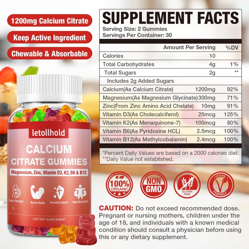 Calcium Citrate Gummies - 1200mg Calcium Gummies with Magnesium Zinc