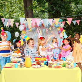 QISOLIY 2 Pcs Light Yellow Tablecloths, Yellow Disposable Plastic Rectangle Table Cloth for Baby Shower Wedding Birthday Holiday Party Decorations 54 ×108 Inch