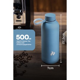 roastmarket Insulated Flask, 500 ml, Stainless Steel, Double-Walled, Leak-Proof, Dishwasher Safe, BPA-Free, Grey/Blue, Thermal Flask for Coffee, Tea, Water, Sports and Everyday