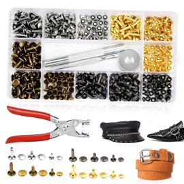Leather Rivets Kit, 180 Pcs Leathercraft Double Cap Rivets 4 Colours Studs for Clothing 6mm 8mm 12mm Rivet with Punch Tool and Fixing Tool Rivets for Leather