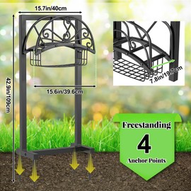 TUSPEU Garden Hose Holder,Heavy Duty Freestanding Detachable Storage Reel Stand,Upgraded 4 Spikes Hose Hanger for Outside Yard Lawn (Floral with Storage Basket)