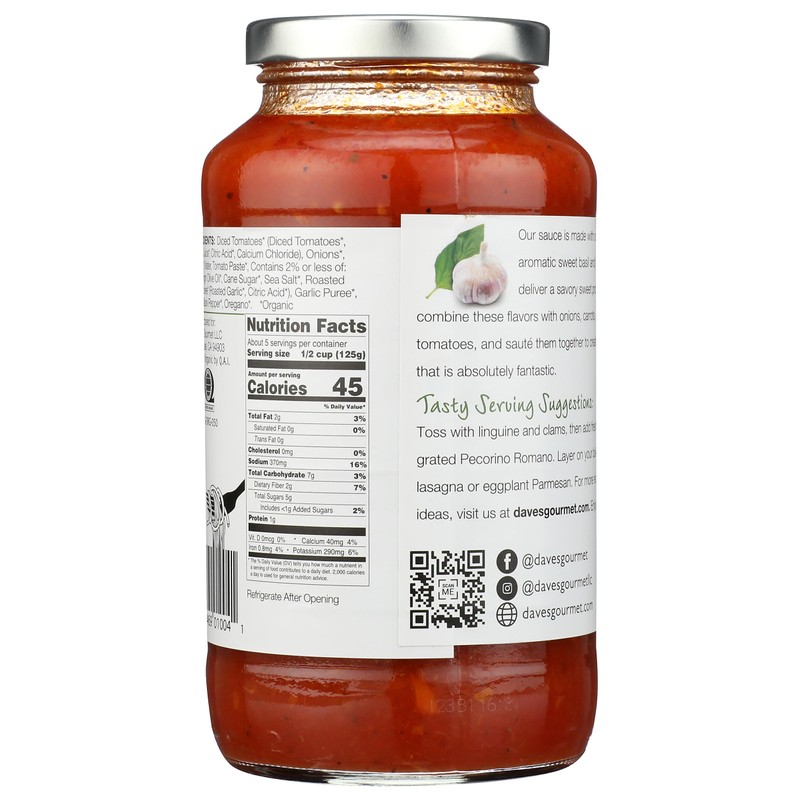 Dave's Gourmet Pasta Sauce, Organic Roasted Garlic and Sweet Basil,