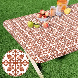 misaya Rectangle Vinyl Table Cloth, Elastic Fitted Flannel Backed Tablecloth, 100% Waterproof Plastic Table Cover Fits 6 Foot Folding Tables for Fall, Thanksgiving (Rusty, 30" x 72")