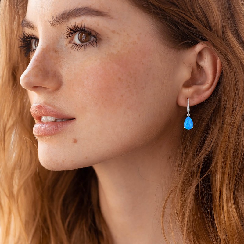 VESHON Blue Opal Teardrop Earrings for Women, 925 Sterling Silver