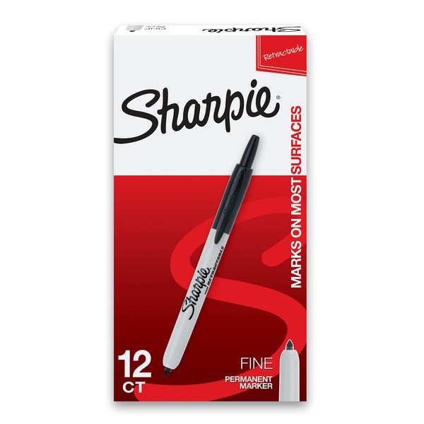 SHARPIE Retractable Permanent Markers, Fine Tip Marker Set, Great for Teacher Gifts or a Gift for Students, Black, 12 Count