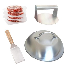 Burger Smasher Set, 4-Piece Smash Burger Press Set, Stainless Steel Barbecue Cutlery Set with Burger Press, Wide Spatula, Burger Paper, Melting Dome Burger, Grill Tool for BBQ, Gas Grill, Teppanyaki
