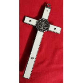 CHRISTIAN CATHOLIC ST. BENEDICT CRUCIFIX SILVER WHITE 7.5" X3.5 Inches
