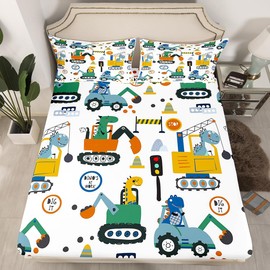 Erosebridal Dinosaur Excavator Sheet Set Full,Cartoon Dino Construction Truck Bed Sheets Set Car Vehicle Tractor Sheets,Cute Animal Flat Fitted Sheet Kawaii Room Decor