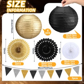 19 Pcs Black and Gold Party Decorations Black White and Gold Hanging Paper Lantern Honeycomb Round Fans Triangle Flags Banner for Wedding Birthday Bachelorette Engagement Anniversary Party Supplies