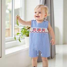 JLKGICF 4th Of July Baby Boy Girl Outfit Infant American Flag Stripe Bubble Romper Overalls Newborn Baby Summer Clothes (Blue American Flag, 12-18 Months)