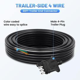 MECMO 4 Way Trailer End Connector Wire 30 Feet Jacketed Cable, Heavy Duty 18AWG Color-Coded Copper Trailer-Side Male End 4 Pin Flat Trailer Hitch Wiring Harness Utility Boat Trailer Light Plug 30ft