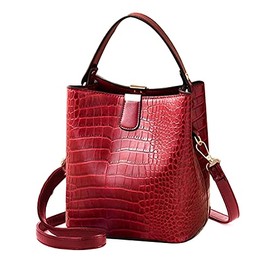 LABANCA Women Retro Alligator Bucket Bags Crocodile Pattern Designer Shoulder Bag Ladies PU Purse Crossbody Wallet Bag, Wine Red