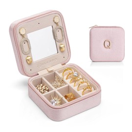 Vlando Small Travel Jewelry Box Organizer Display Case for Rings Earrings Necklaces Storage, Selected Soft Velvet, Letter Q Engraved, Pink