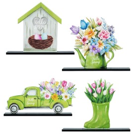 Asodsway Spring Sign Table Wooden Centerpieces - 4 Hello Spring Flowers Watercolor Decorations Watering Can Green Truck Tulips Centerpieces Easter Farmhouse Tiered Tray Birthday Home Party Decor