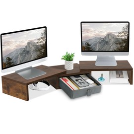 TEAMIX 3 Shelf Monitor Stand Riser With Drawer - Length and Angle Adjustable Dual Riser With Storage Corner Desk Shelf Organizer Large Computer Stand for 2 Monitors/Laptop (Brown, 1 Drawer)