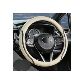 Funda para volante de coche beige, fundas para volante de 14.5-15 pulgadas con posavasos de microfibra de cuero fibra de carbono transpirable antideslizante duradera universal para auto
