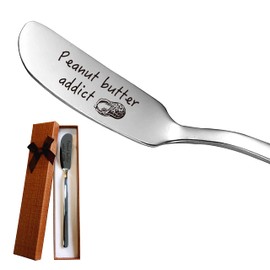 LRUIOMVE Cuchillo de mantequilla grabado de acero inoxidable de Peanut Butter Addict, esparcidor de mantequilla de maní para tostadas y pan, untadas de desayuno, queso y condimentos, regalo para los amantes de la mantequilla de cacahuete