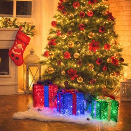 Christmas Decorations, Vanthylit 3PK Christmas Lighted Gift Boxes with Red Blue and Green Glittering Present Boxes with 48LED for Indoor Outdoor Use