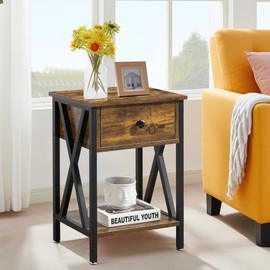 VECELO Nightstand,Modern Bedside End Table, Night Stand with Drawer and Storage Shelf for Living Room Bedroom, Industrial Metal Frame