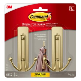 Command Large Satin Brass Wall Hooks Damage Free Adhesive Hanging Solution