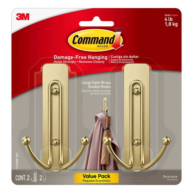 Command Large Satin Brass Wall Hooks Damage Free Adhesive Hanging