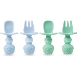 PandaEar Juego de cubiertos de silicona para bebé, cucharas de aprendizaje para niños, cucharas de bebé y tenedor, cubiertos para aprender a comer, accesorios para bebé, cuchara para comer tú mismo de