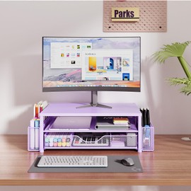 OPNICE Desk Organizers and Accessories, 2-Tier Computer Monitor Stand Riser with Drawer and 2 Pen Holders, Laptop Stand, Office Desk Accessories & Office Decor for Women, Purple