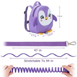 JIANBAO Penguin Toddler Backpacks with Leashes Anti Lost Wrist Link for 1.5 to 3 Years Kids Girls Boys Safety (Penguin, Purple)