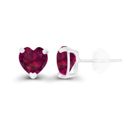 Solid 14K White Gold 6mm Heart Created Red Ruby July Birthstone Genuine Stud Earrings For Women