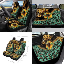 Wanyint Sunflower Leopard Print Green 15 PCS Car Seat Cover Full Set, with Steering Wheel Cover Seat Belt Covers Trash Can Air Vent Pouch Rear View Mirror Cover Coasters Key Chain Car Accessories