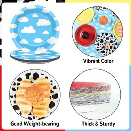 Bicuces 48Pcs Toy Inspired Story Plates Toy Inspired Story Party Decorations Cow Print Sky Blue Cloud Birthday Party Disposable Plates for Cartoon Story Party Baby Shower Party Supplies