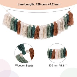 sourcing map Bohemian Yarn Tassel Garland with Wood Beads,3.9Ft Green Brown Cream Beige Forest Wall Hanging Tassels Banner Western Room Decor for Bedroom Office Nursery Party Decorations