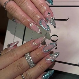 Hkanlre Blue Fake Nails Tips Bling Press on Nails Full Cover Medium Almond False Rhinestones Nails for Women 24PCS