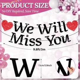 We Will Miss You Banner Glitter No DIY 11.5 ft Graduation Retirement Goodbye Decorations Going Away Party Decorations for Going Away Decorations Party Supplies(Heart+Black)