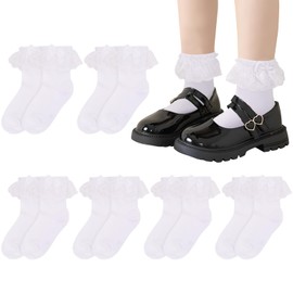 Sahunfri 6 Pairs Frilly Lace Ankle Socks,Girls White School Socks with Delicate Lace Trim and Cute Bows,Perfect for Dressing up School Parties Everyday (UK, Age, 11 Years, 14 Years, Regular, White)