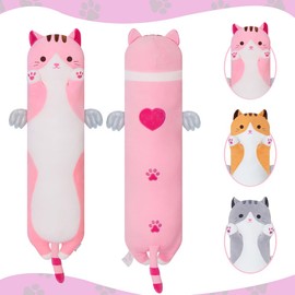 Sausudols Long Cat Plush Body Pillow, Cute Cat Plush Toy Pillows with Wings, Stuffed Animals Kitten Soft Plushies Gifts for Kids Girls Girlfriend(Pink, 27.6in/70cm)