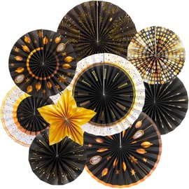 Easy Joy Party Decoration 9PCS Black and Gold Hanging Paper Fans New Year's Eve Decoration 2025 Happy New Year Wall Hanging Decoration for Birthday Graduations Wedding Decor
