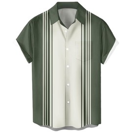 QIVICIMA Mens Bowling Shirts Hawaiian Shirt Big and Tall Retro Button Up Vintage Guayabera Camp Shirt Sage Cream Stripe 5XL