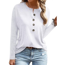 EADINVE Womens Crew Neck Long Sleeve Buttons Tops Fall Tshirts Tee Basic 2024 Blouse Loose Fit Henley Tops White