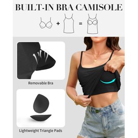 V FOR CITY Ribbed Camisole Tops for Women with Built-in Bra Adjustable Strap Cami Scoop Neck Side Ruched Layering Tanks XL Black