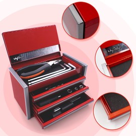 sdroceRyaM Mini Metal Tool Box, Portable 3 Drawer Steel Stackable Tool Box Small Tool Chest with Soft Liners and PP Feet Pads Cold Rolled Steel Toolbox for Storage and Organizers, Red
